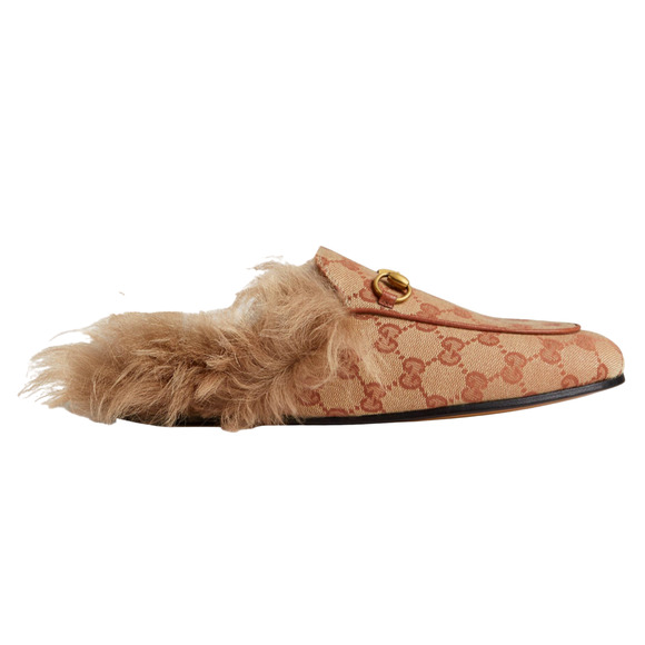 Gucci Princetown Beige Canvas Original GG Fur Loafer Slide Mule Slipper Flat 35 - Picture 1 of 12